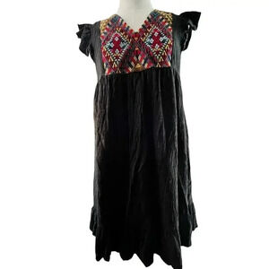 THML Women Small Dress Black Cotton Rayon Embroidery Flutter Aztec‎ Western SW